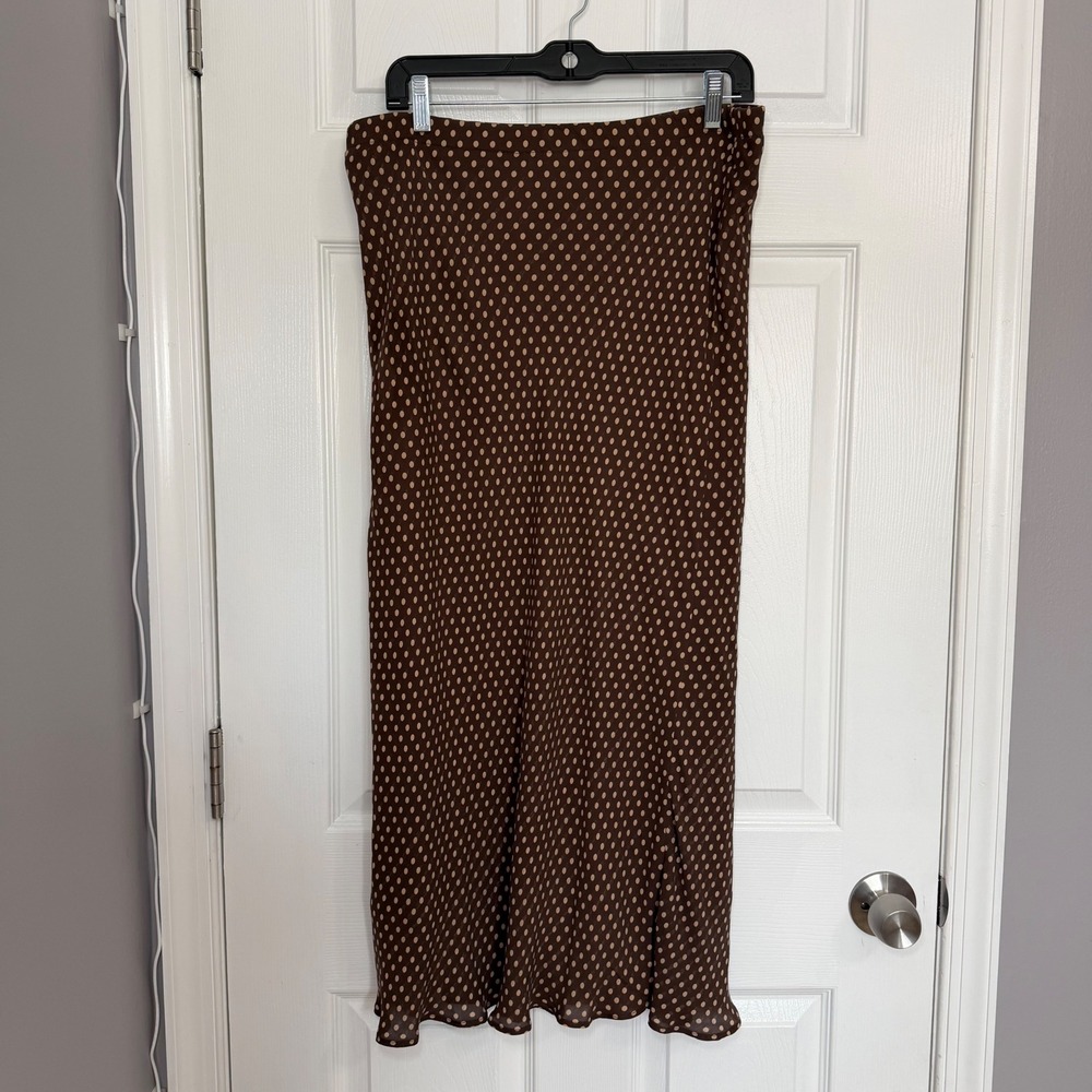 Vintage Monterey Bay 100% Silk Polka Dot maxi Skirt Brown Tan Elastic Waist L